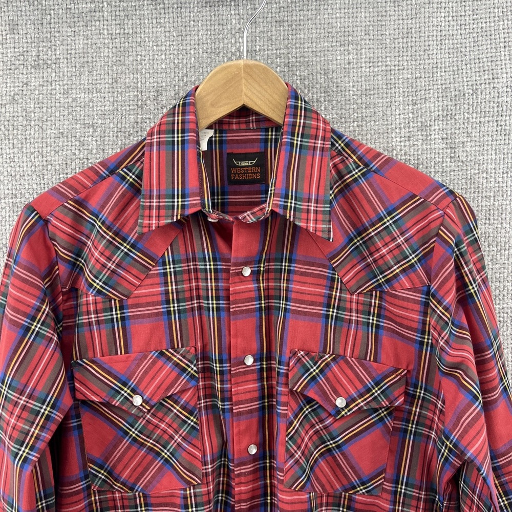 Western Fashions Mens 15/32.5 Red Plaid Shirt Pearl Snaps Pockets Vintage‎